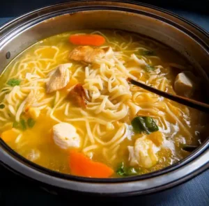 Chicken noodle soup in a pot