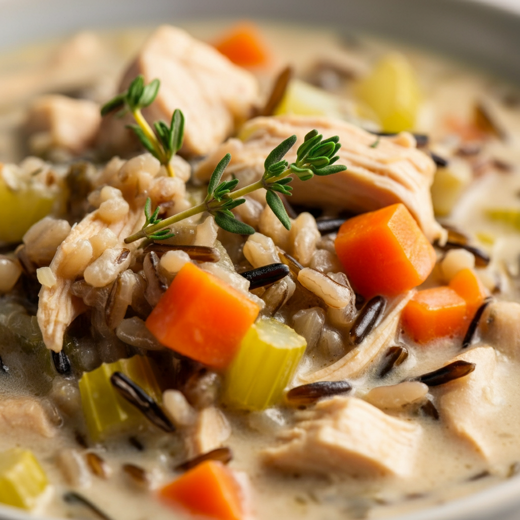 Creamy Chicken and Wild Rice Soup close up