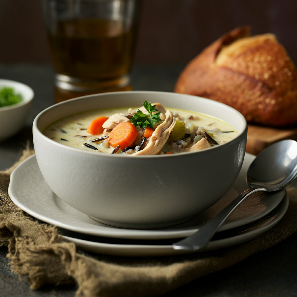 Creamy Chicken and Wild Rice Soup in bowl