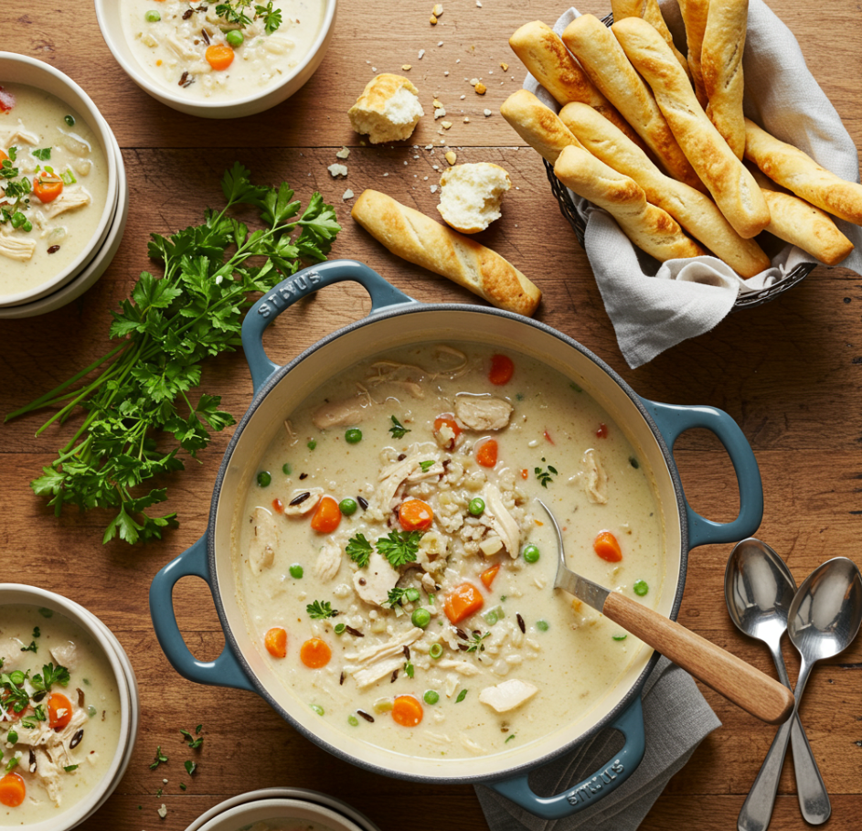 Creamy Chicken and Wild Rice Soup in pot