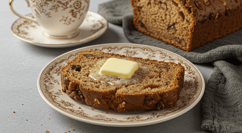 Date Nut Bread slice with butter