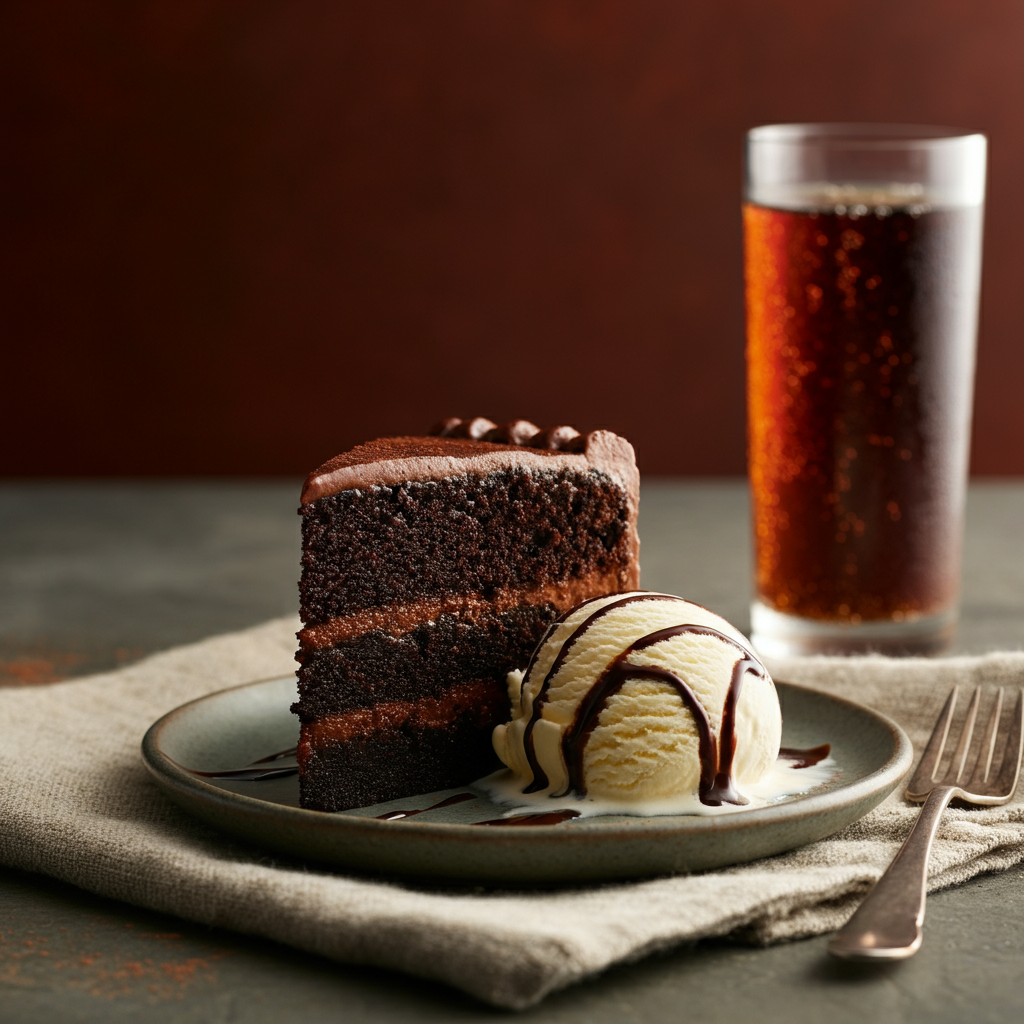 Dr Pepper Cake slice with ice cream