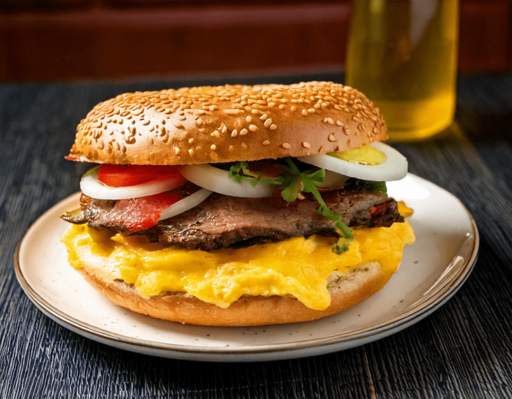 Steak Egg and Cheese Bagel on plate