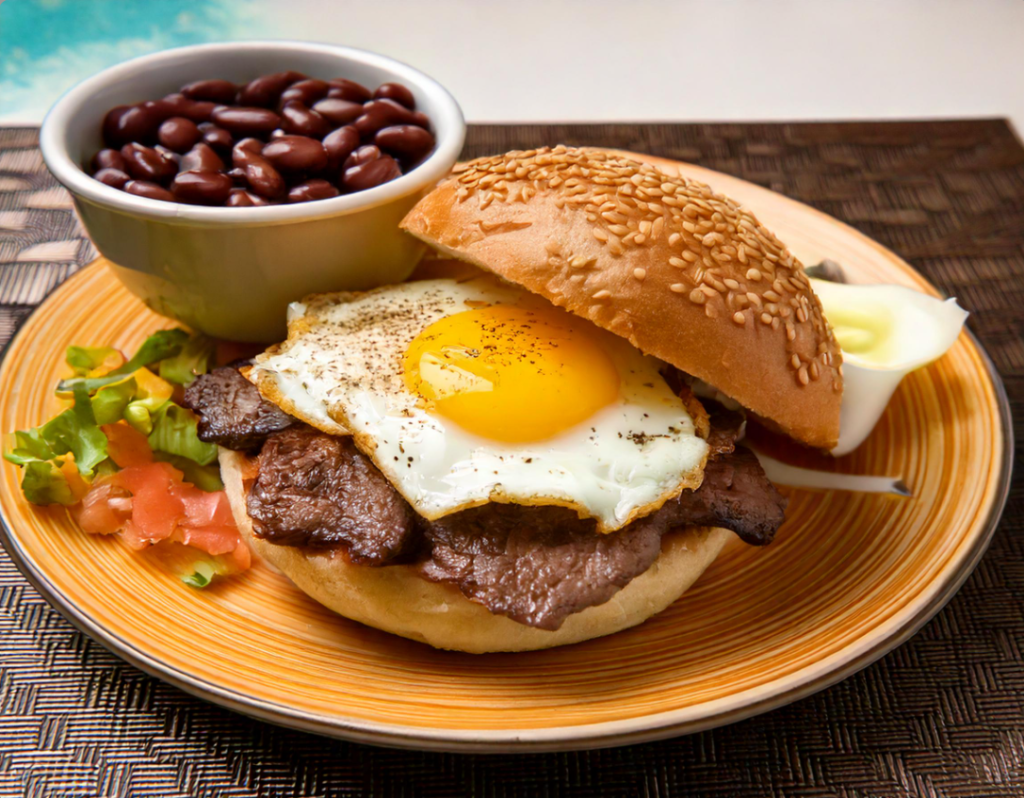 Steak Egg and Cheese Bagel with beans