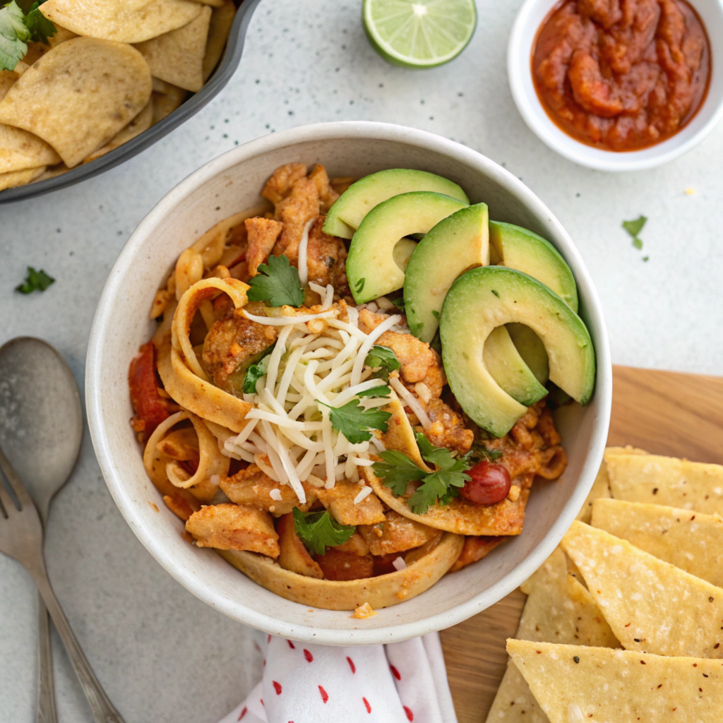 an-overhead-shot-of-chicken-fajita-pasta-served-in