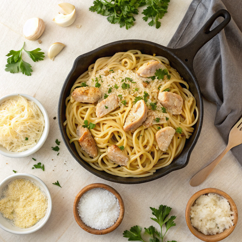 an-overhead-shot-of-garlic-parmesan-chicken-pasta-