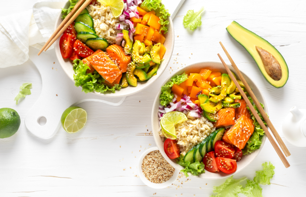 buddha-lunch-bowl-with-grilled-salmon-fish-rice