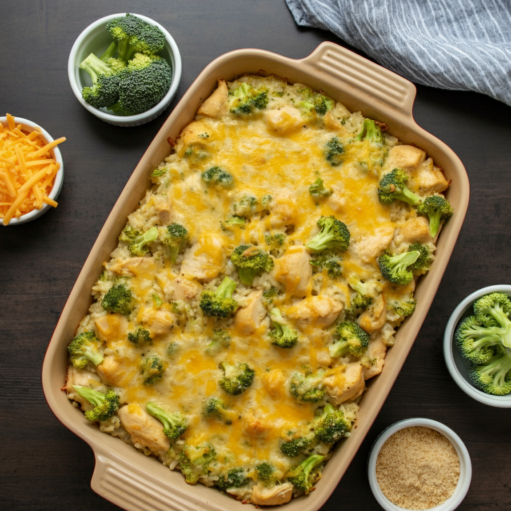 chicken-broccoli-rice-casserole in pan