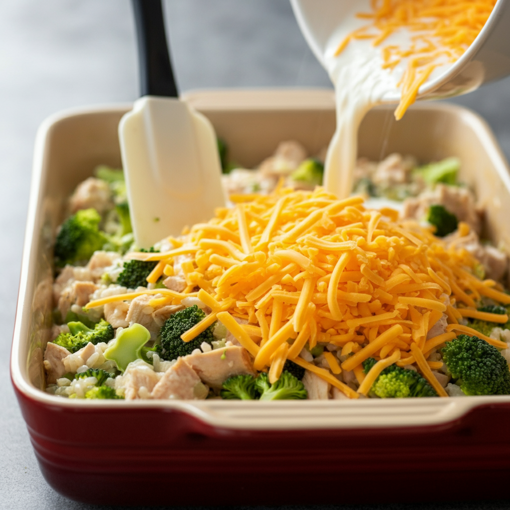 chicken-broccoli-rice-casserole pouring into pan