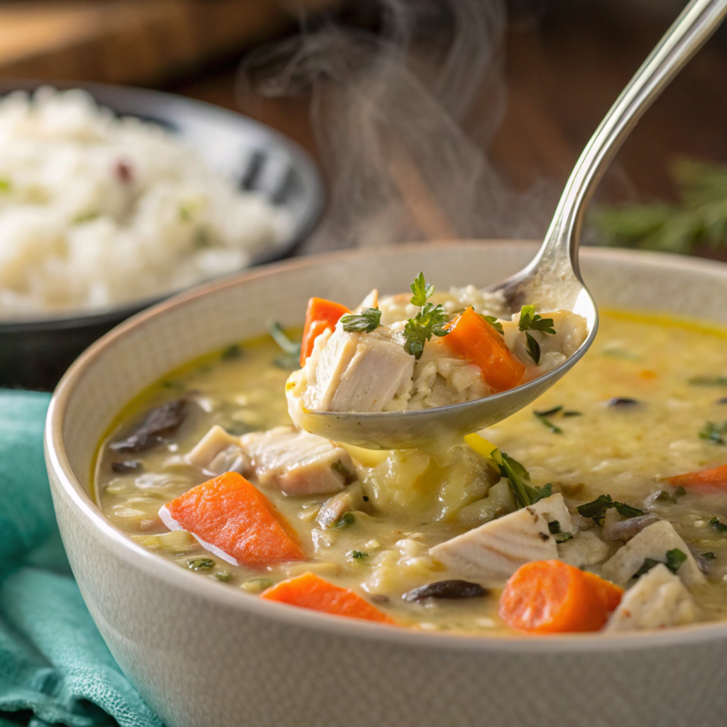 close-up-of-a-spoonful-of-creamy-chicken-and-wild-