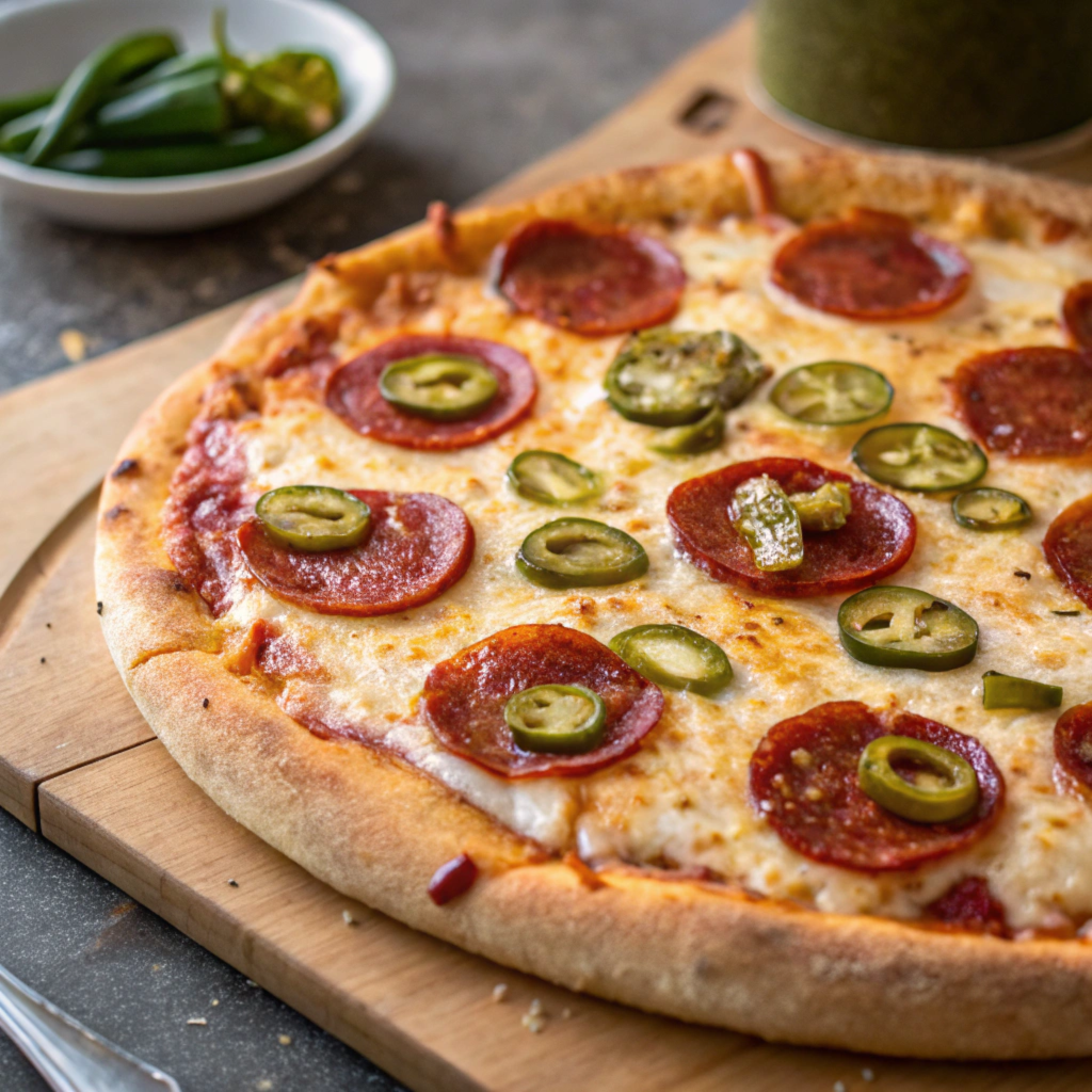 jalapeno pizza on cutting board