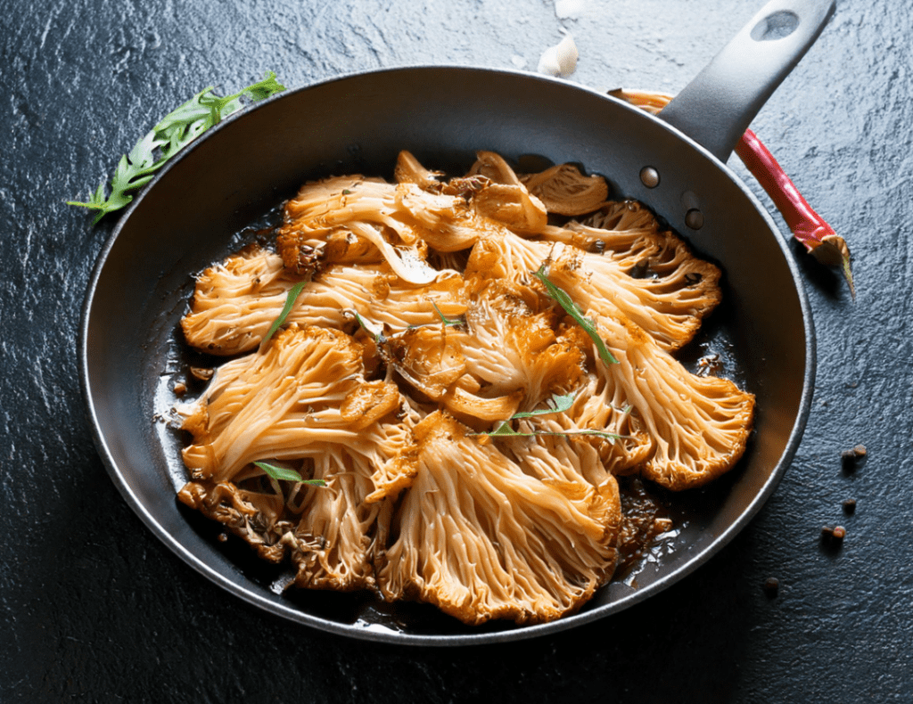 lion's mane mushrooms on pan