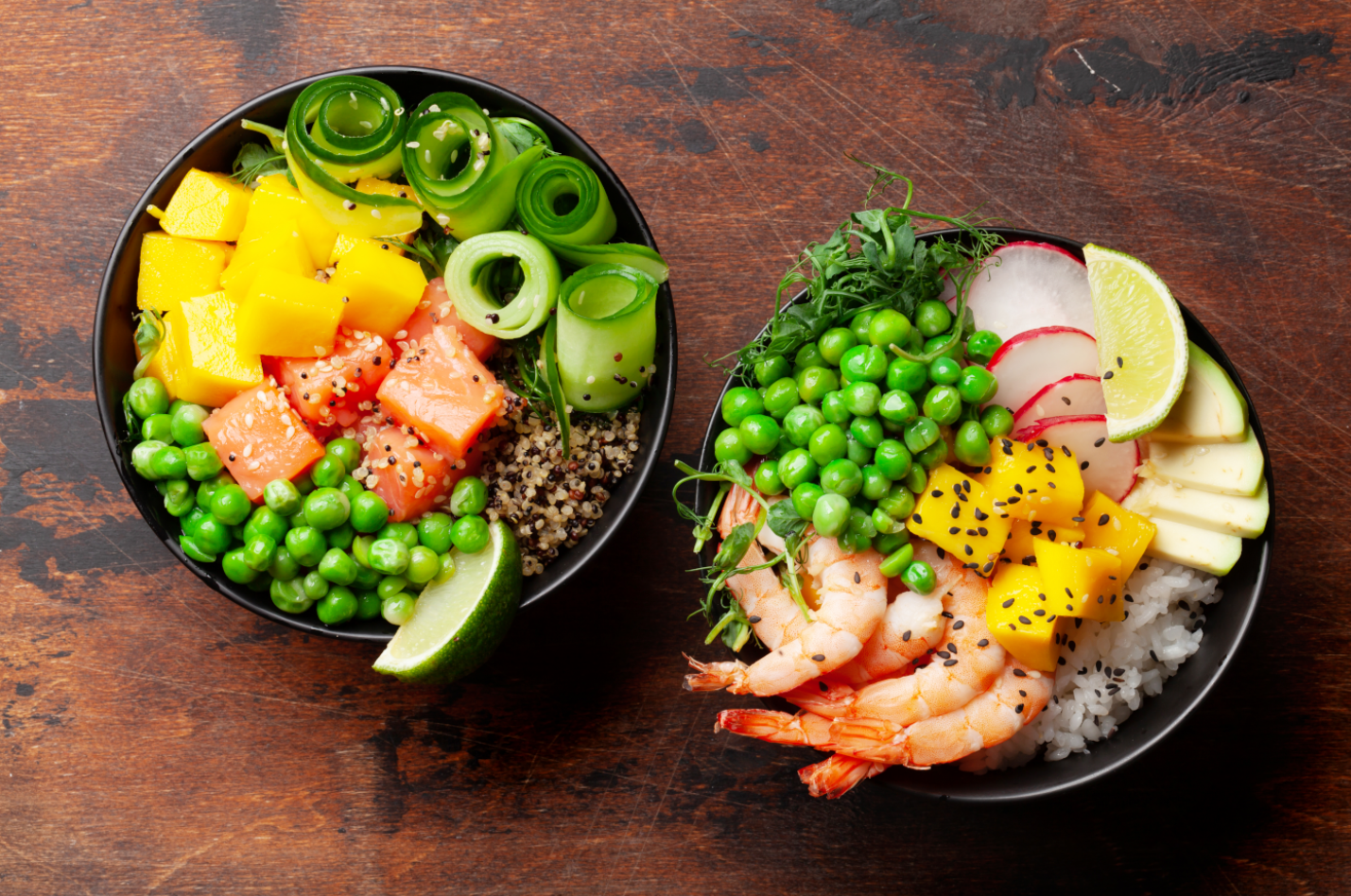 poke-bowls-with-shrimps-salmon-avocado-and-mango