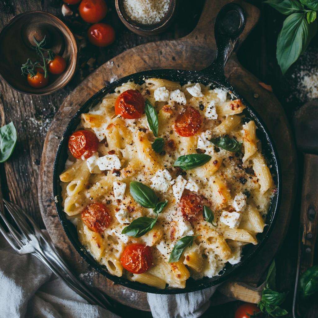 Baked Feta Pasta in a skillet