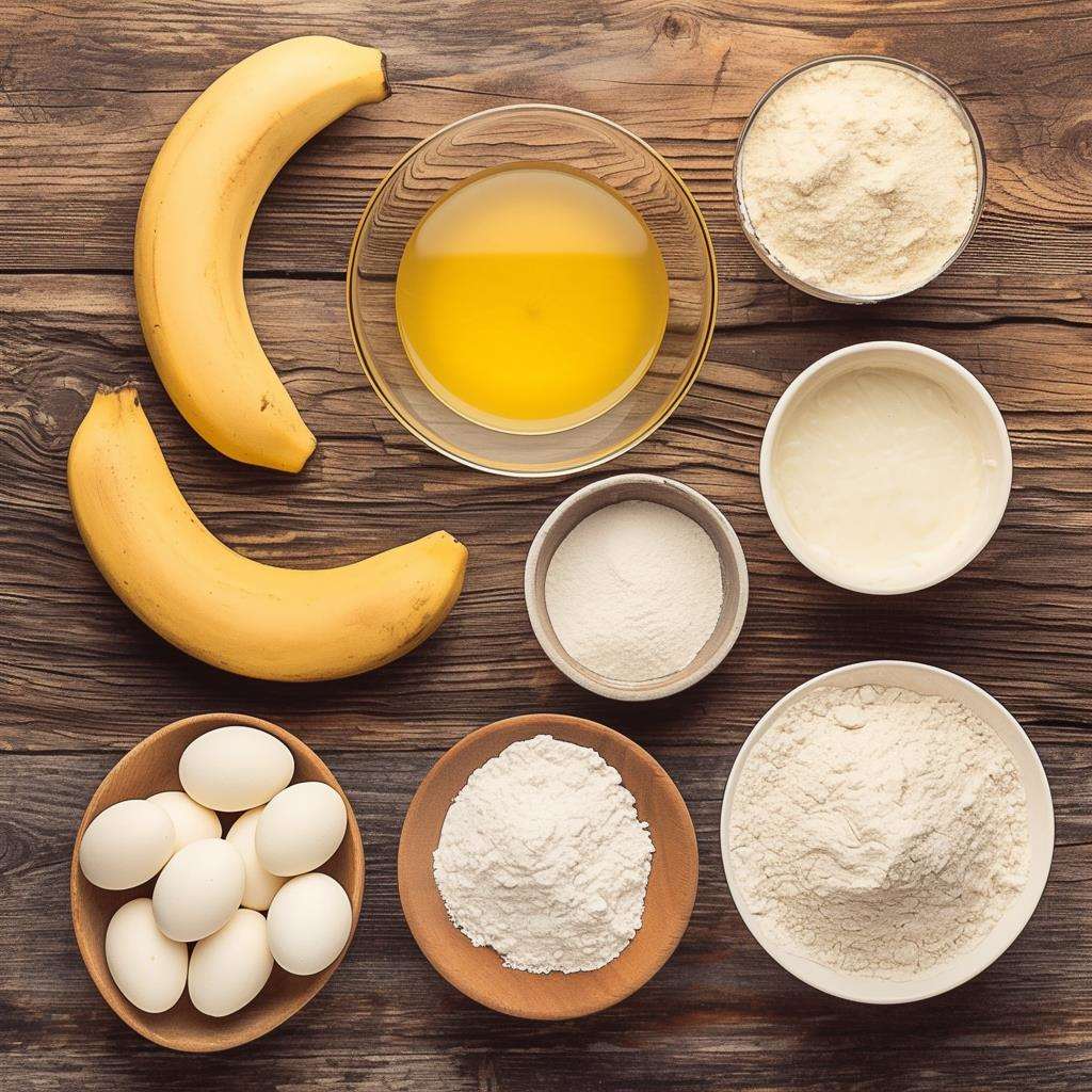 Ingredients for banana pancakes laid out on a kitchen counter  