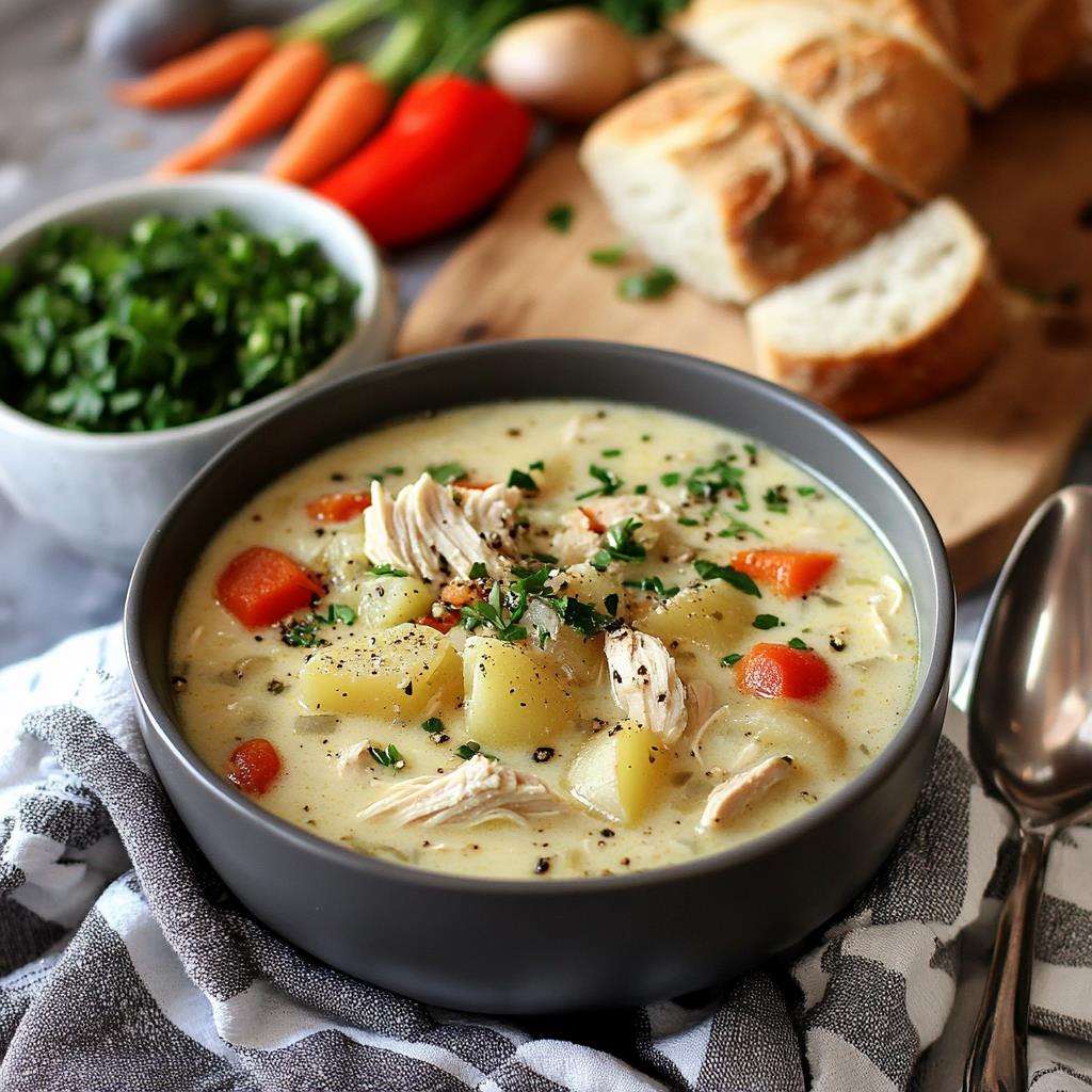 Bowl of chicken potato soup with herbs