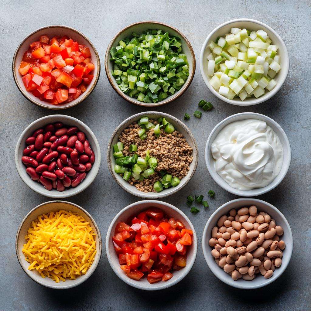 Ingredients for easy chili recipe including ground beef and beans