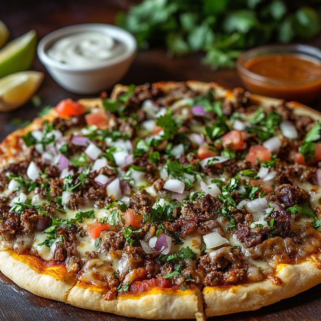 A delicious Pizzabirria showcasing pizza topped with birria meat and cheese.