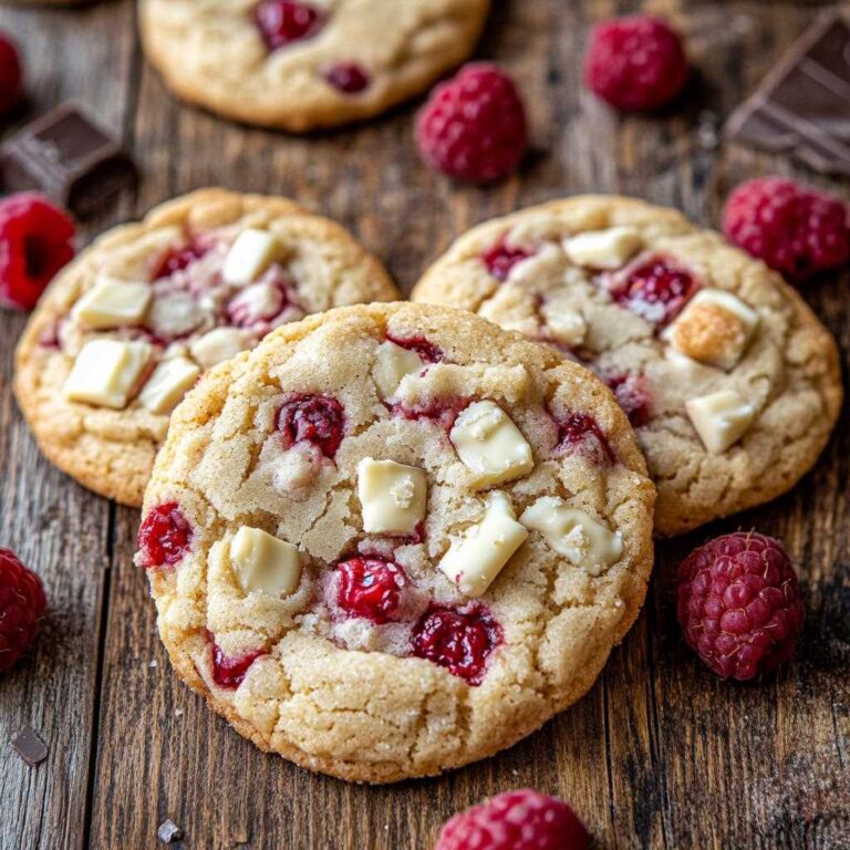 Gooey raspberry white chocolate cookies on a wooden table