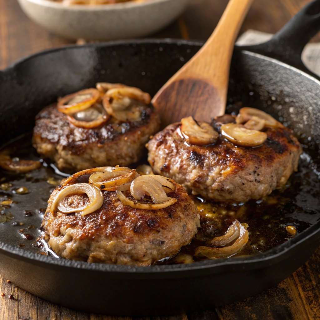 A Close Up Shot Of Hamburger Steaks Sizzling In A Pan