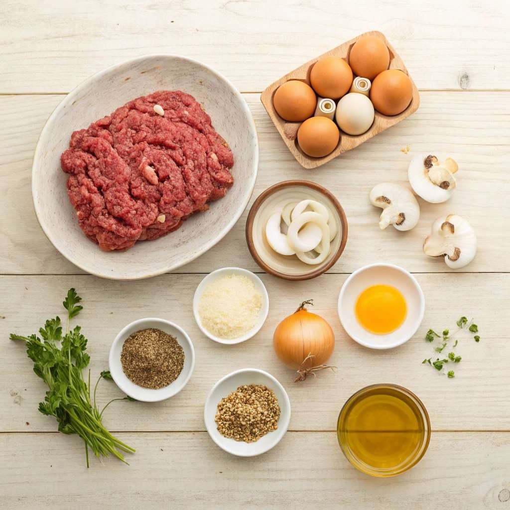 A Flat Lay Composition Showcasing All The Fresh Ingredients of hamburger steak